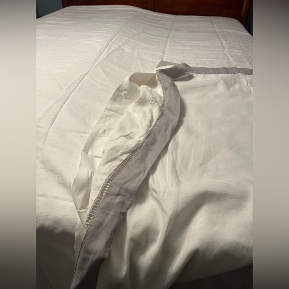 Everhome Queen Duvet 3 pc. Set White Linen Cotton Blend Gray Reid Ladder Stitch - Picture 2 of 13